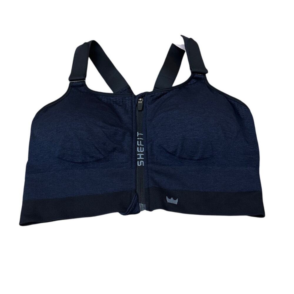 SHEFIT Low Impact Seamless Sports Bra Heather Indigo Zip Front Size 3Luxe NWT